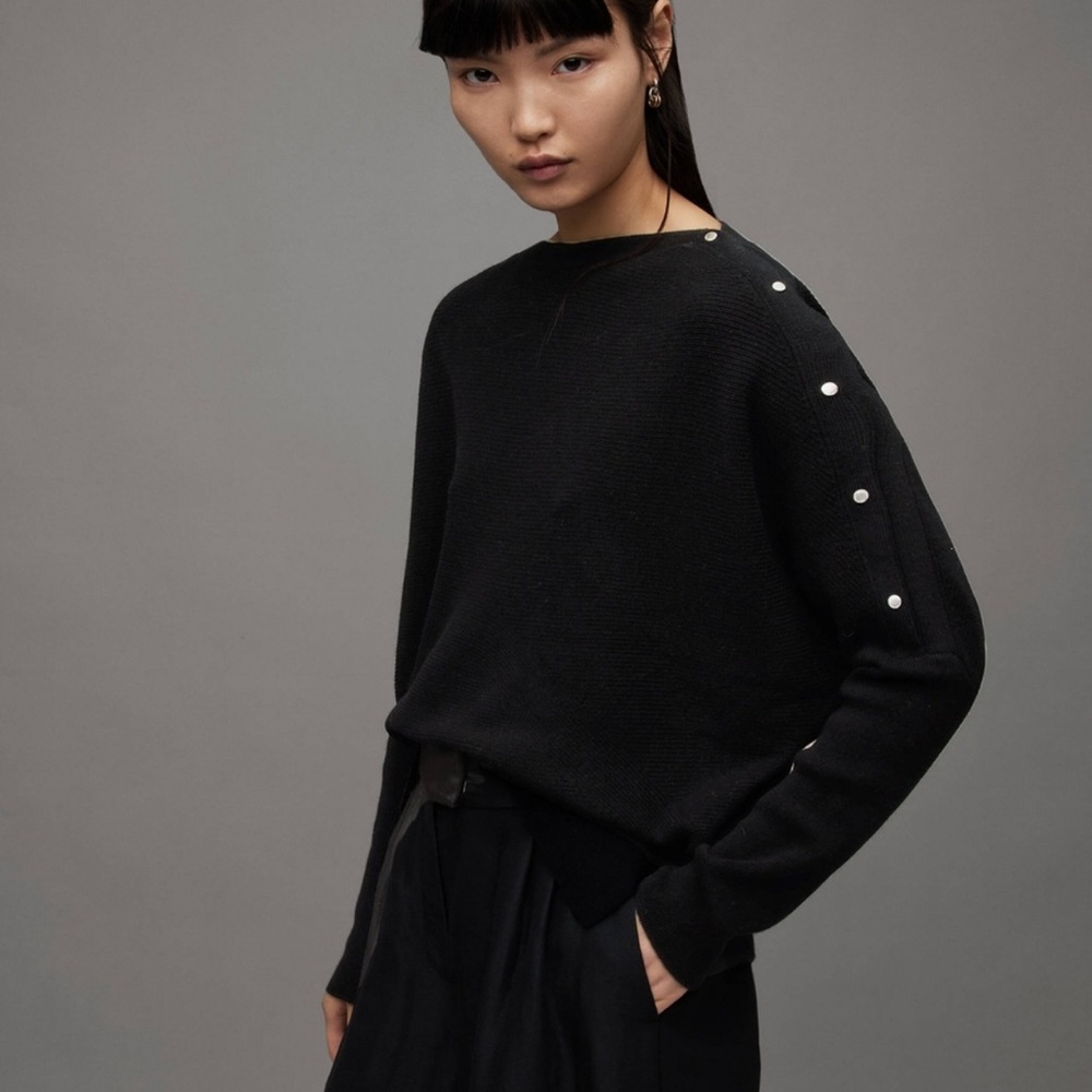 All Saints Raven Wool/Cashmere Blend Black Stud Snap Detail Sweater - sz M